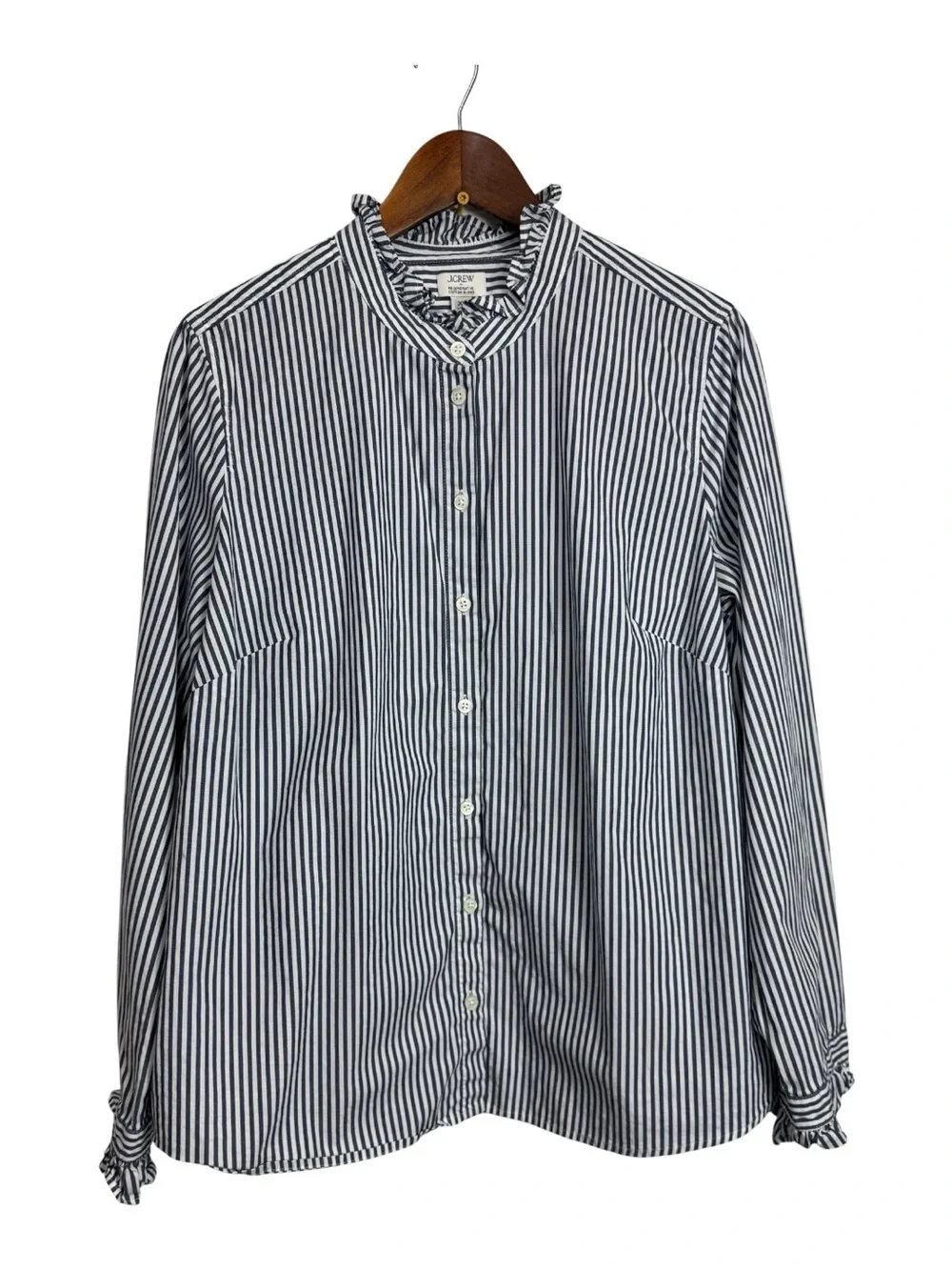 J. Crew Ruffleneck button-up top Blue White Striped XL